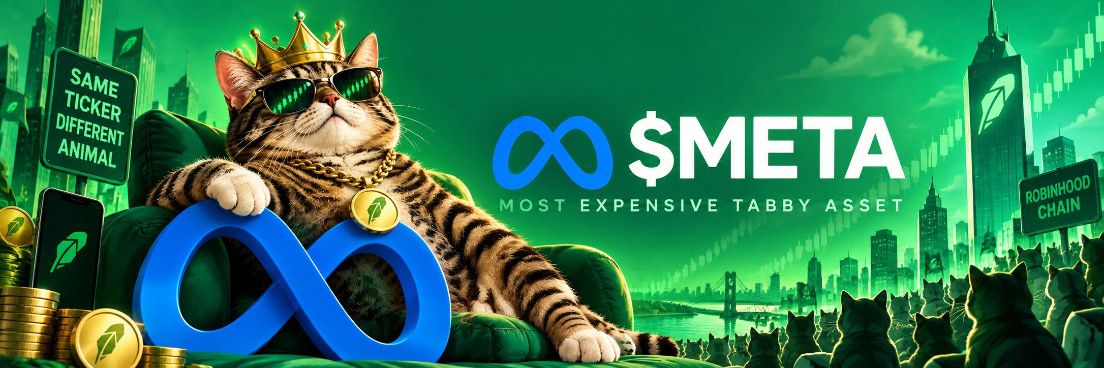 Most Expensive Tabby Asset banner — crowned tabby in a financial cityscape