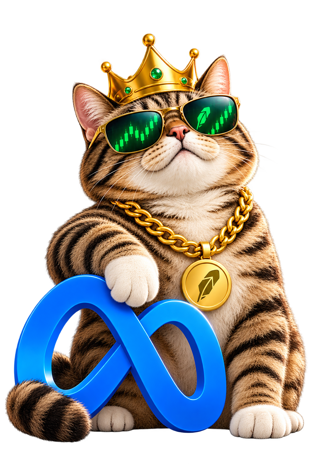 Crowned tabby cat wearing sunglasses and a gold chain, the Most Expensive Tabby Asset mascot